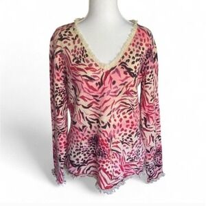 Sutton Cashmere Pink Animal Print V-Neck Fringe Trim Sweater Womens Medium